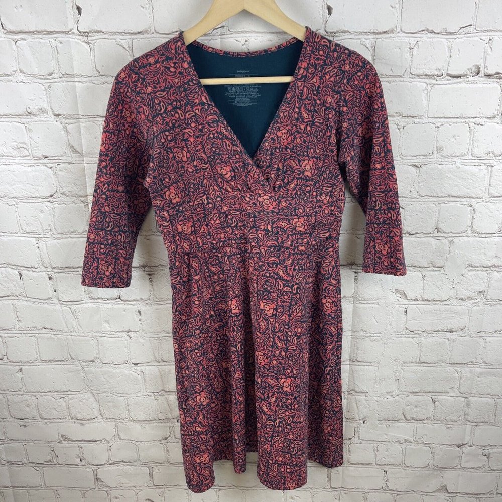 Patagonia Margot Floral Paisley Organic Cotton Blend V Neck Dress Womens Small
